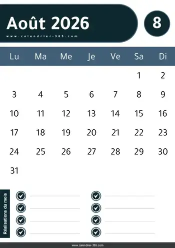 modèle de calendrier août 2026 pdf