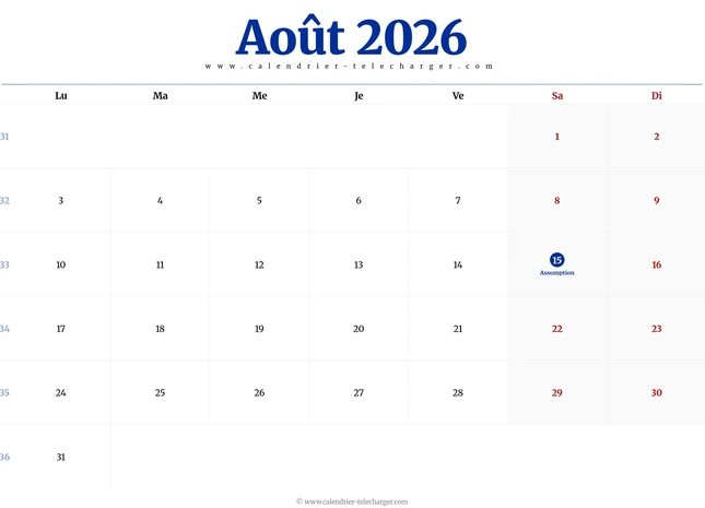 Calendrier août 2026 paysage avec jour férié et semaines