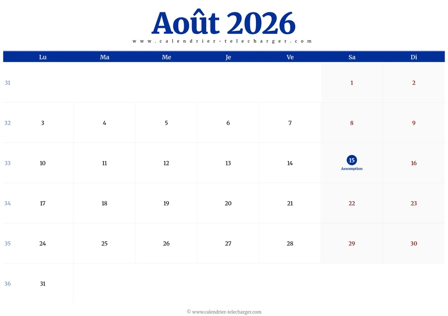Calendrier août 2026 paysage avec jour férié et semaines