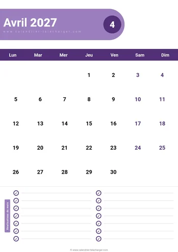 Calendrier Février 2027 à imprimer PDF