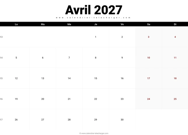 Calendrier avril 2027 paysage avec semaines numérotées