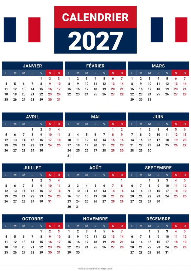 calendrier 2027 avec le drapeau de la France