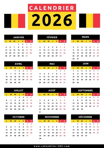 calendrier 2026 Belgique gratuit
