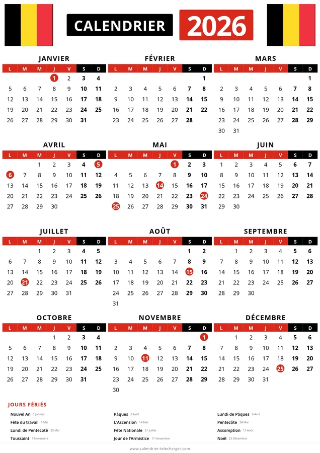 calendrier belge 2026 avec jours fériés