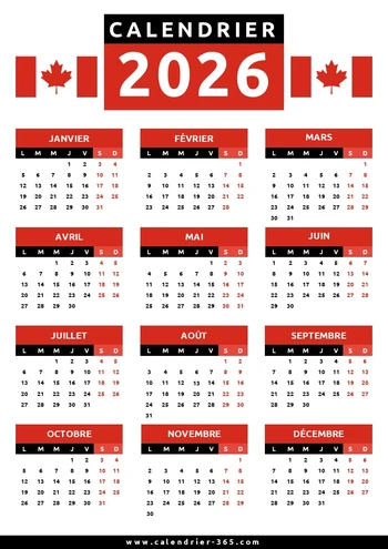 Calendrier 2026 au canada gratuit