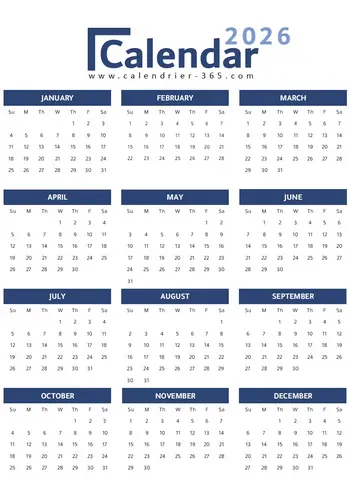 Calendrier 2026 en anglais