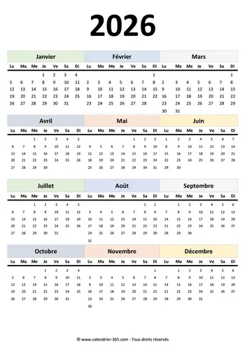 Calendrier 2026 avec Word