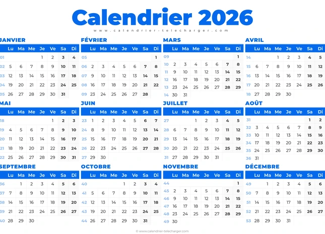 Calendrier 2026 paysage bleu avec numéros de semaine