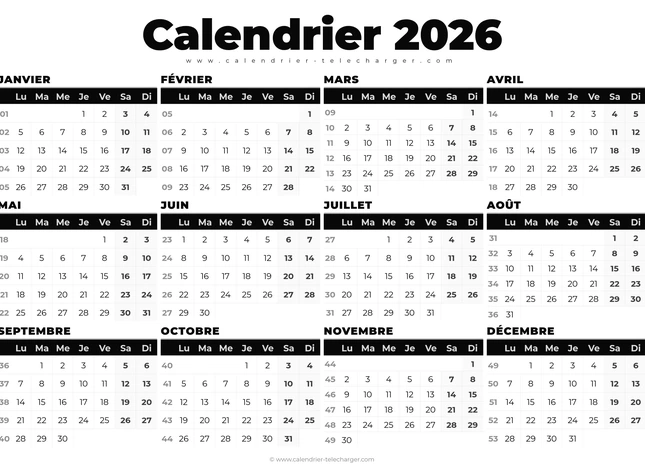 Calendrier 2026 paysage noir et blanc avec semaines