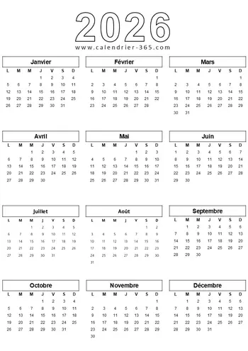 Calendrier 2026 portrait gratuit