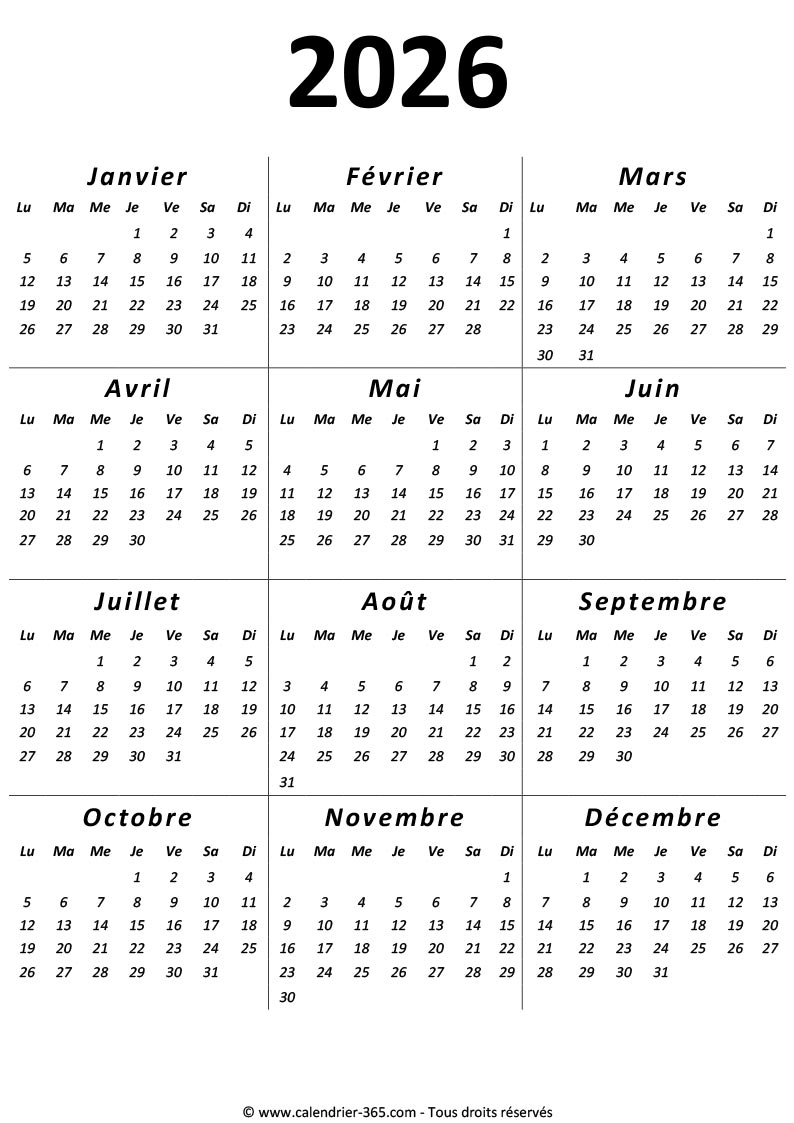 calendrier 2026 word à imprimer