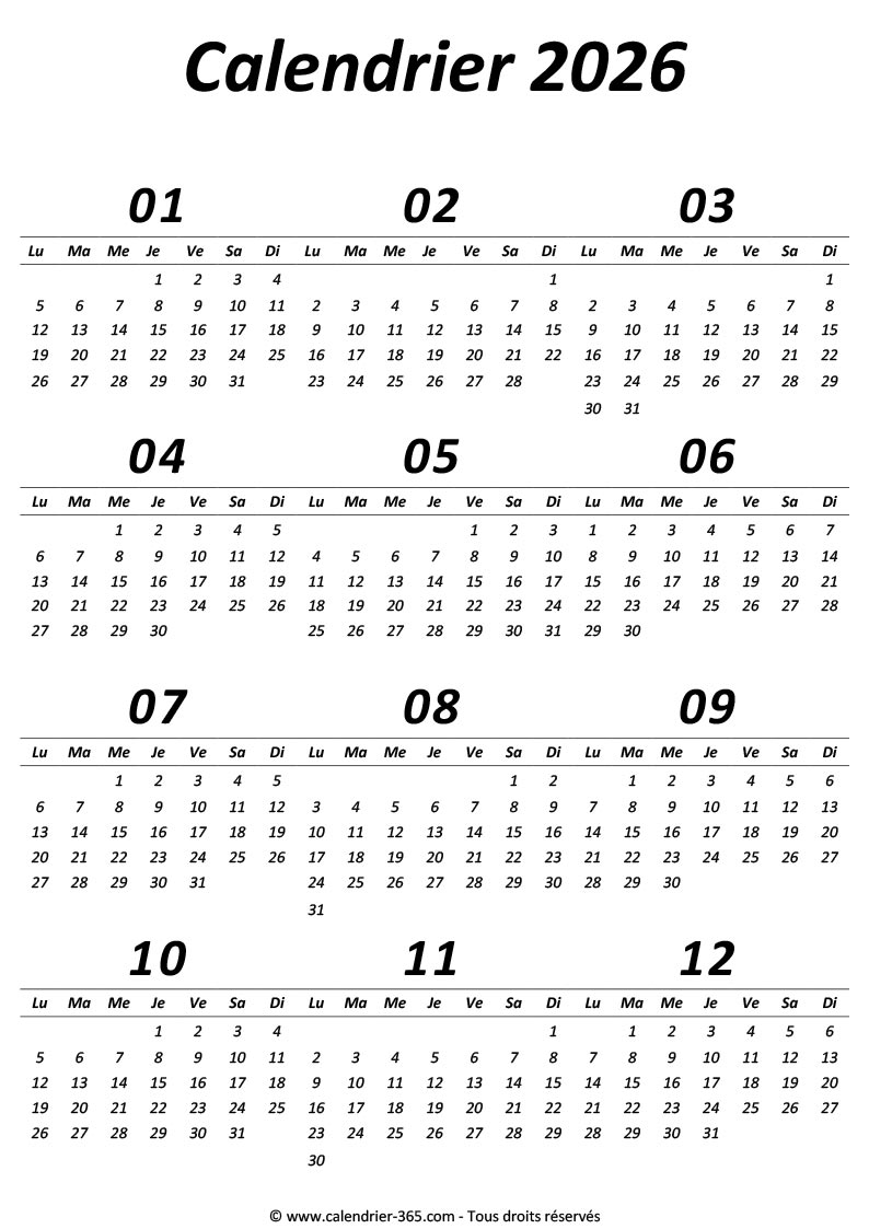 calendrier 2026 Docx simple