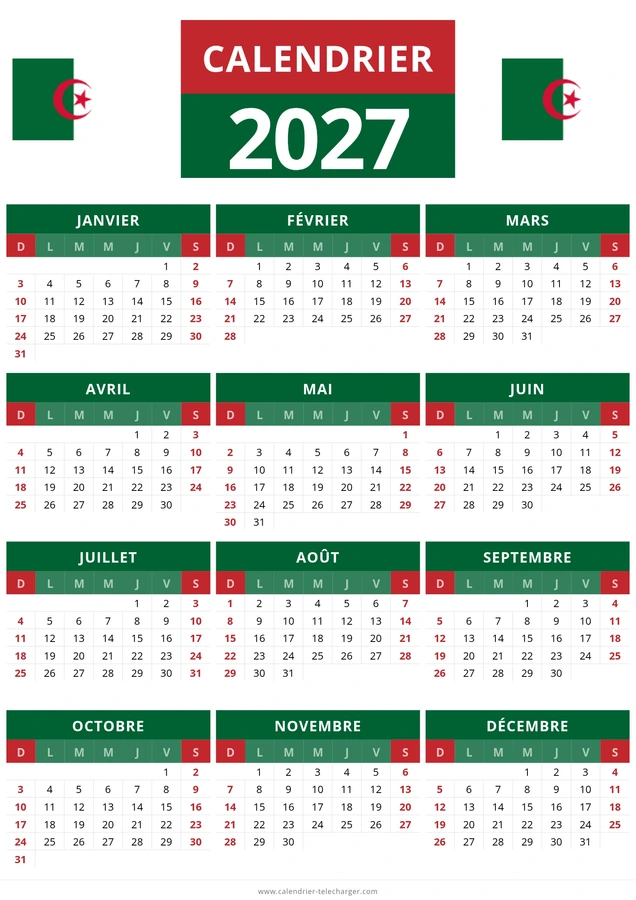 Calendrier 2027 simple aux couleurs du drapeau algérien