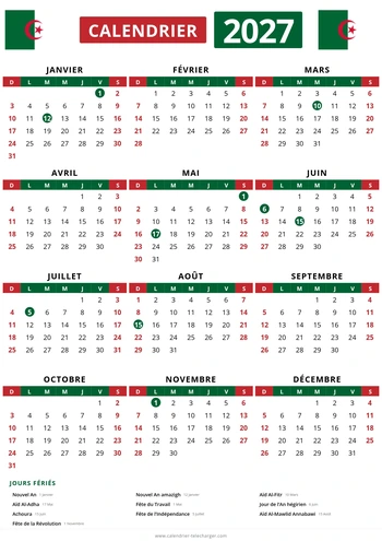 Calendrier 2027 algérie avec jours feries
