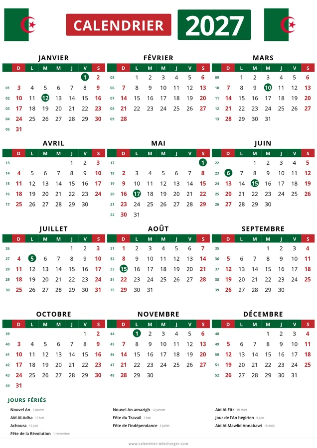 Calendrier annuel 2027 avec numéros de semaine