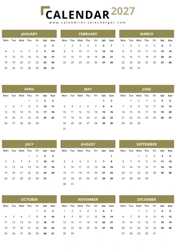 Calendrier 2027 en anglais