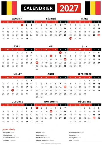 Calendrier belge 2027 avec jours feries