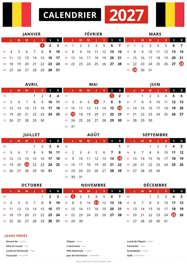 calendrier belge 2027 avec numero des semaines