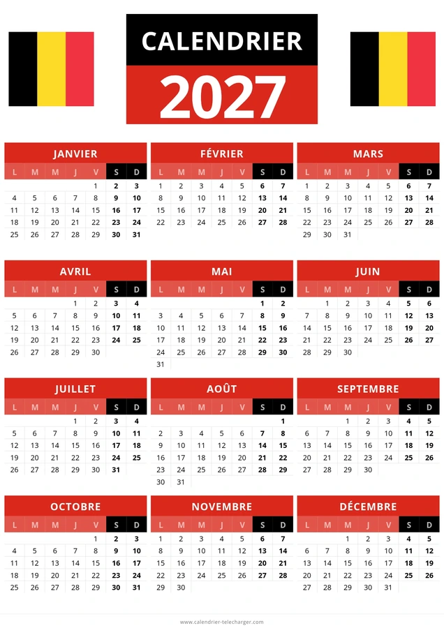 calendrier 2027 Belgique gratuit