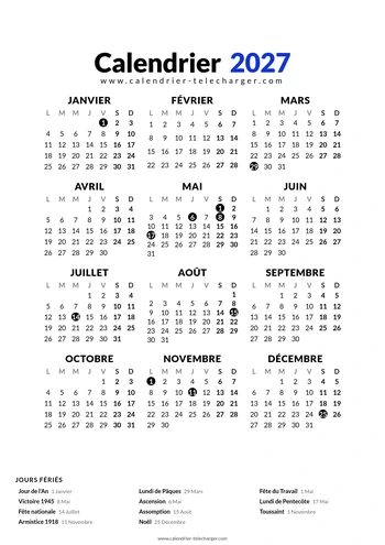 calendrier 2027 simple avec jours feries