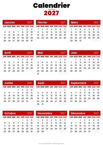 calendrier 2027 sur une page A4