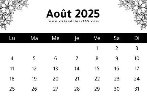 Calendrier août 2025