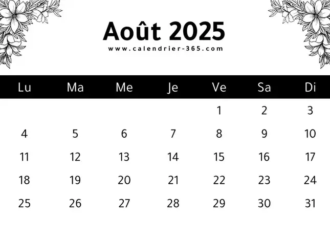 calendrier du mois d'août 2025 à imprimer
