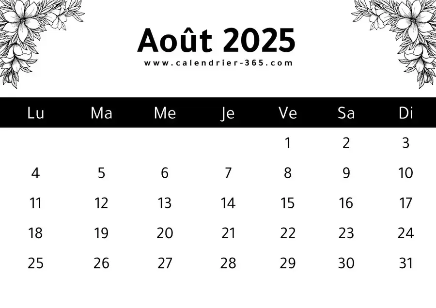 Calendrier août 2025