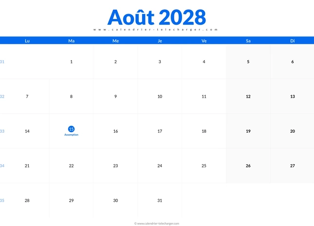 Calendrier août 2028 horizontal à imprimer