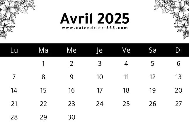 calendrier du mois d'avril 2025 à imprimer