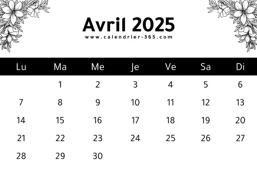 Calendrier Avril 2025 PDF