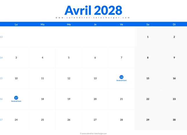Calendrier avril 2028 paysage à imprimer