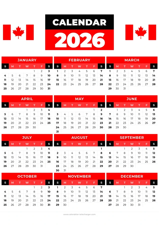 calendrier canada 2026 en anglais