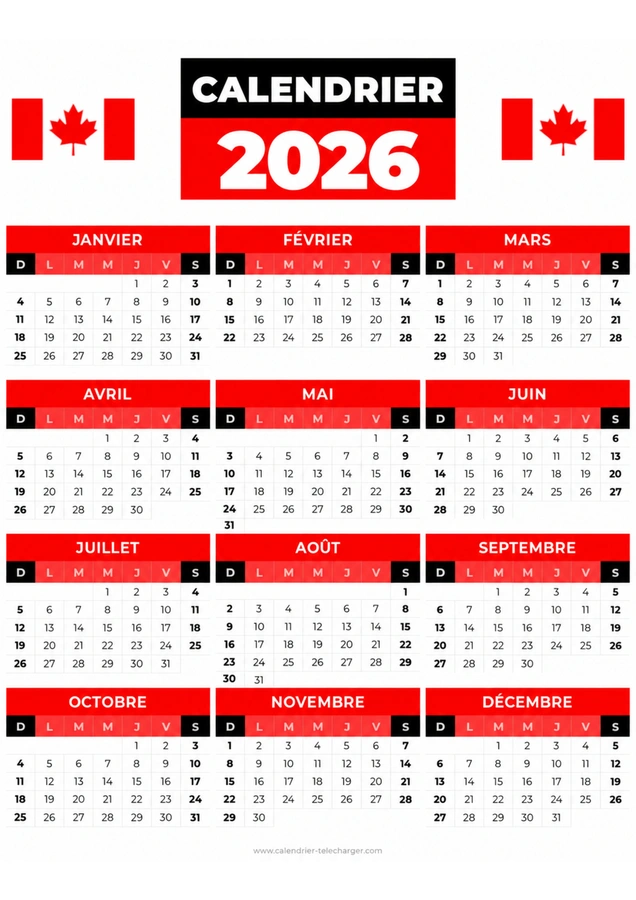 calendrier canada 2026 en francais