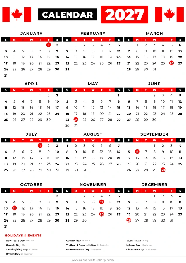 calendrier canada 2027 anglais avec les jours feries