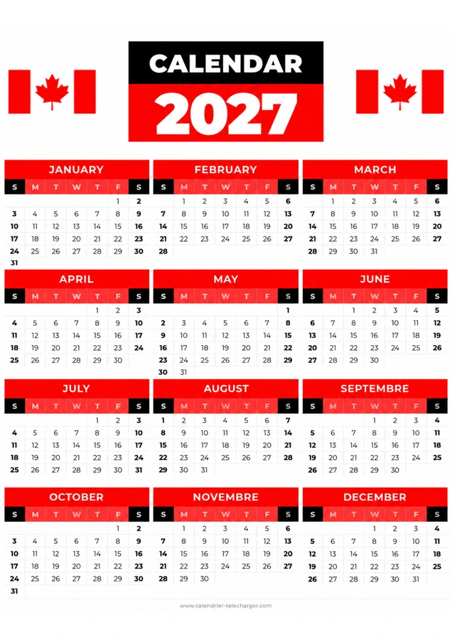 calendrier canada 2027 en anglais