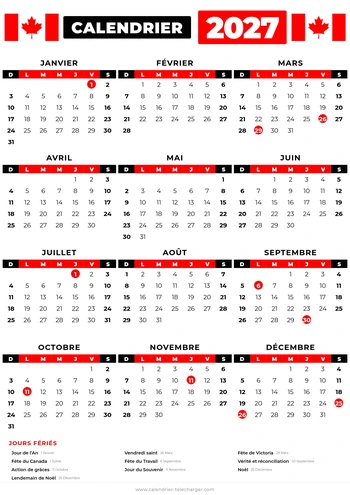 Calendrier 2027 au canada avec jours feries