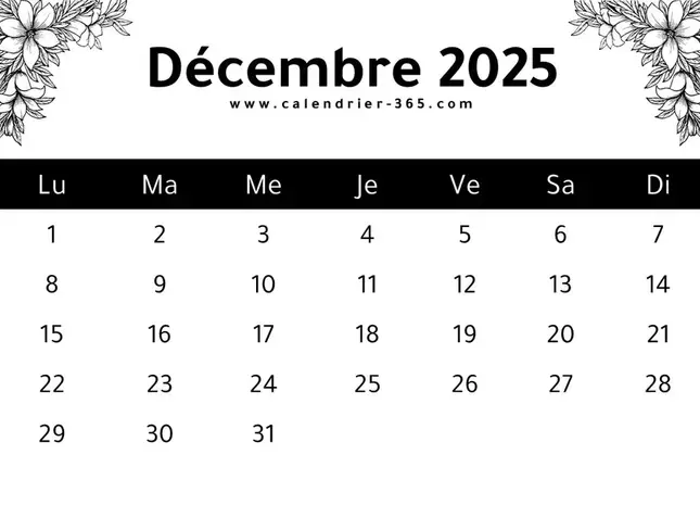 calendrier du mois de décembre 2025 à imprimer