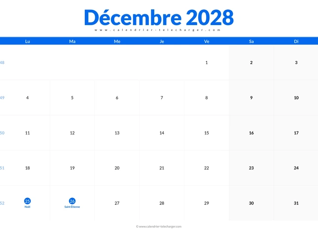 Calendrier décembre 2028 avec jours fériés et semaines