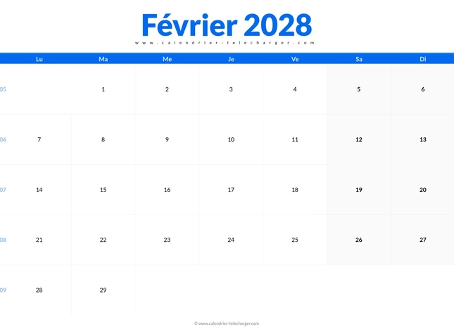 Calendrier février 2028 avec numéros de semaine