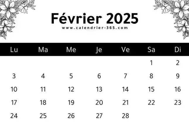 calendrier du mois de février 2025 à imprimer