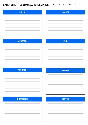 Semainier hebdomadaire avec notes