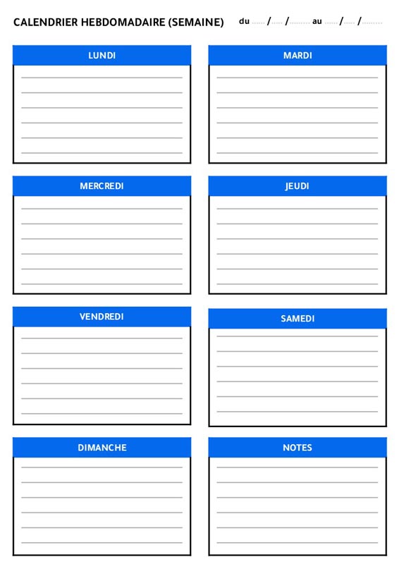 Semainier hebdomadaire avec notes