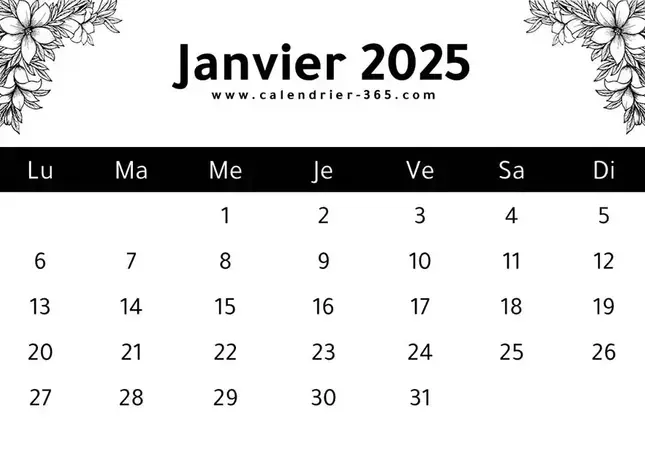 calendrier du mois janvier 2025 à imprimer