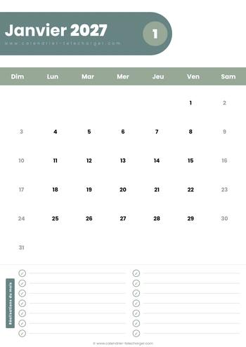 Calendrier janvier 2027 à imprimer PDF