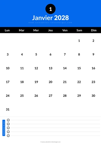 Calendrier Janvier 2028