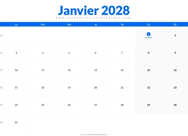 Calendrier janvier 2028 au format paysage