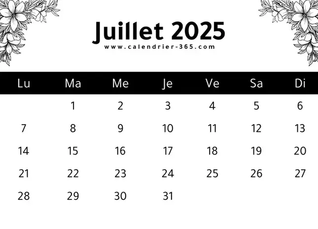 calendrier du mois de juillet 2025 à imprimer
