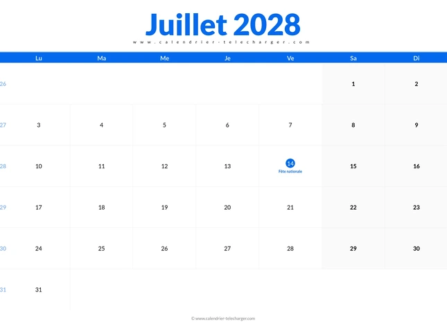 Calendrier juillet 2028 avec semaines numérotées