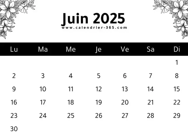 calendrier du mois du juin 2025 à imprimer